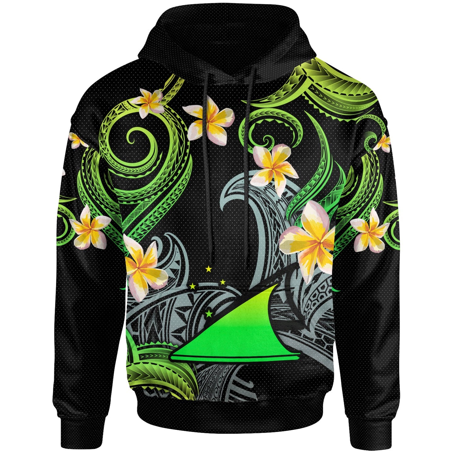 Tokelau Hoodie - Custom Personalised Polynesian Waves with Plumeria Flowers (Green)