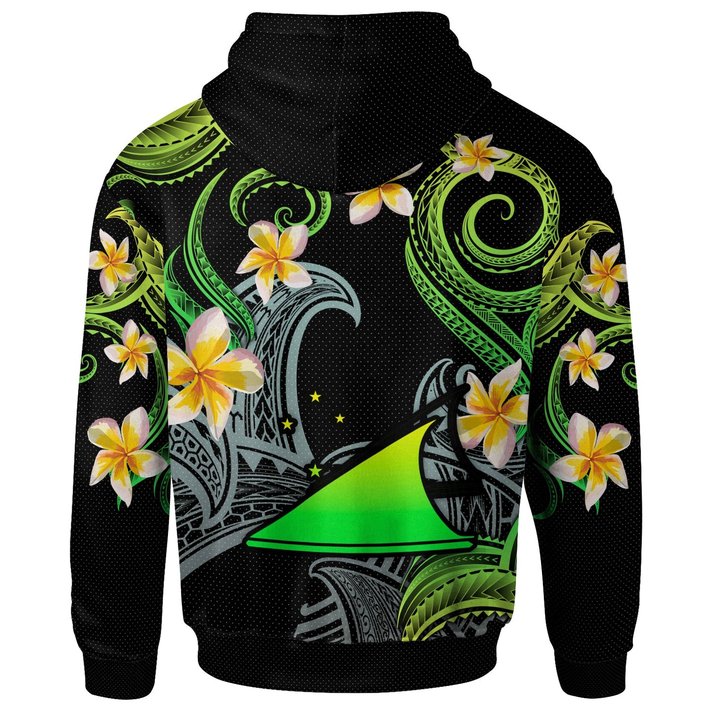 Tokelau Hoodie - Custom Personalised Polynesian Waves with Plumeria Flowers (Green)