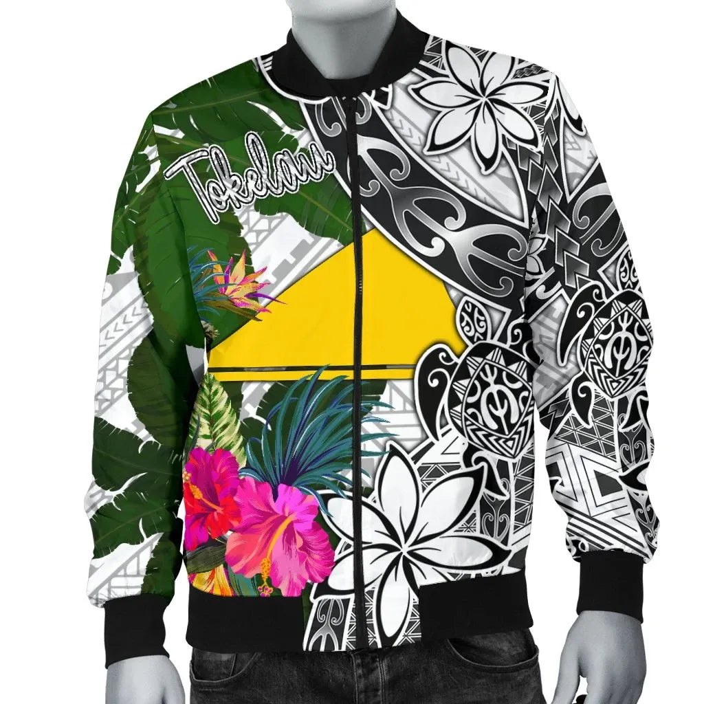 Tokelau Bomber Jacket White - Turtle Plumeria Banana Leaf