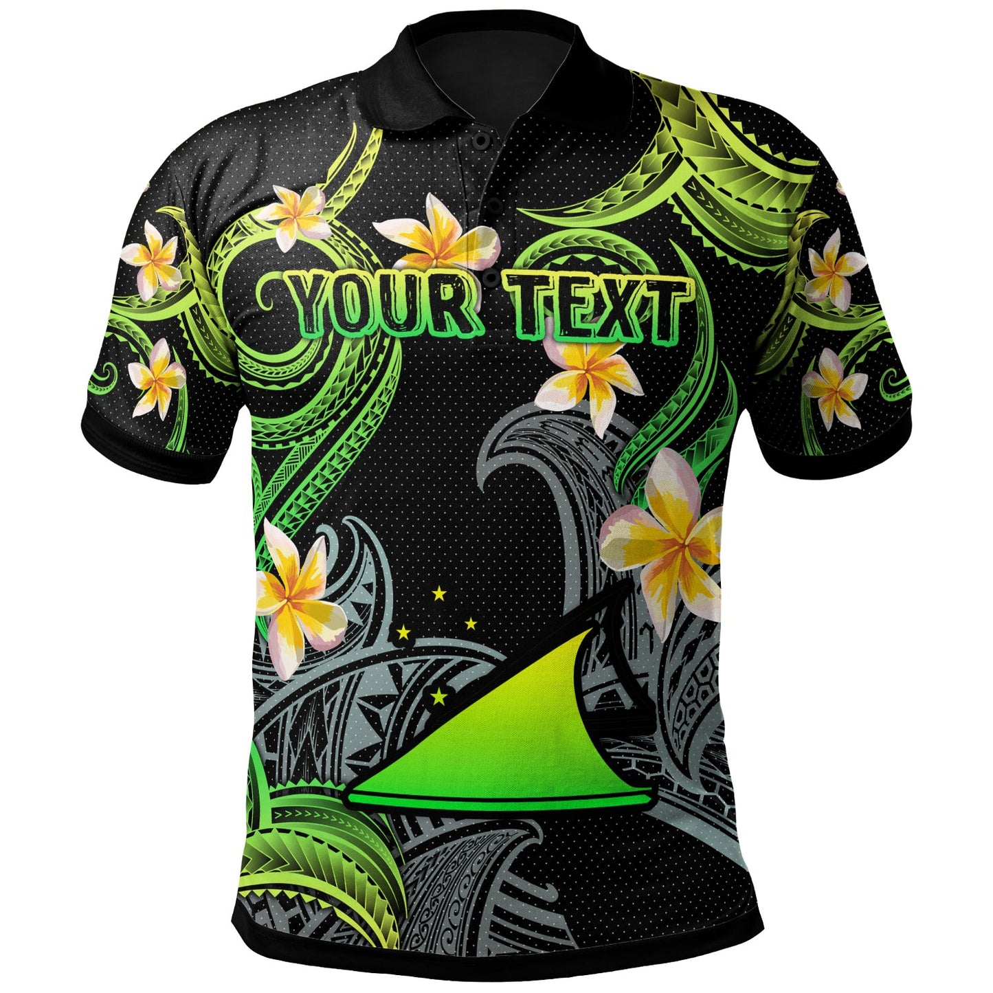 Tokelau Polo Shirt - Custom Personalised Polynesian Waves with Plumeria Flowers (Green)