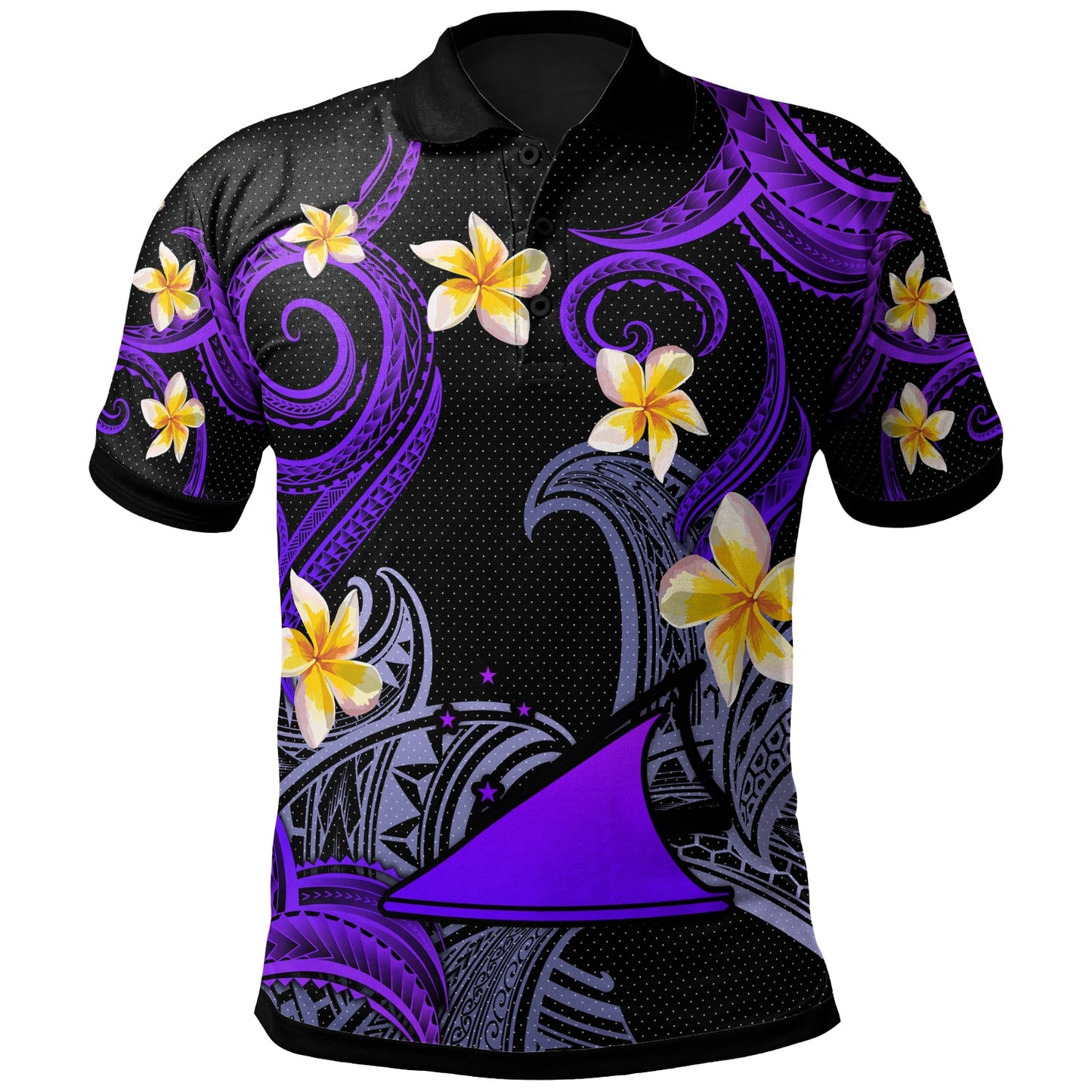 Tokelau Polo Shirt - Custom Personalised Polynesian Waves with Plumeria Flowers (Purple)
