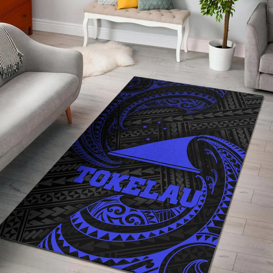 Tokelau Polynesian Area Rug - Blue Tribal Wave