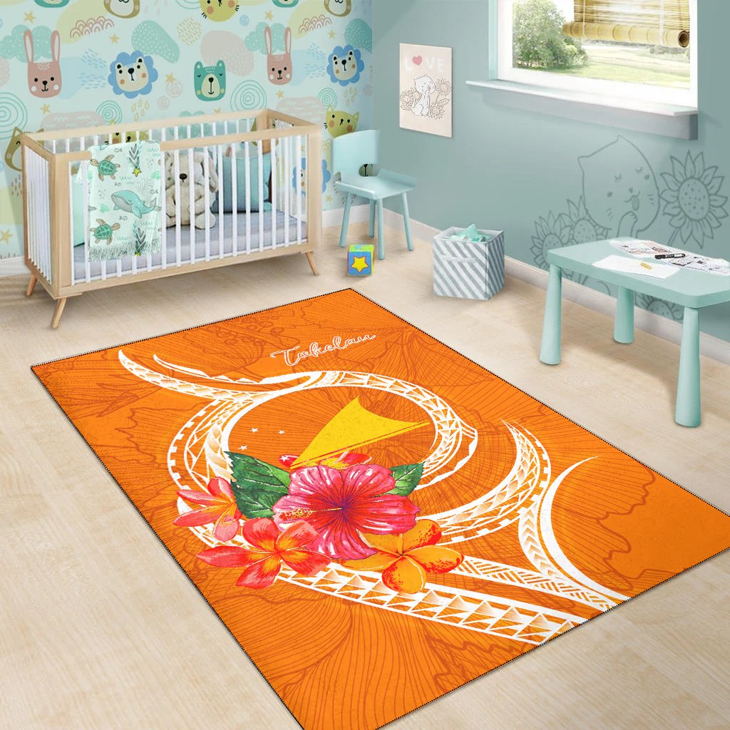 Tokelau Polynesian Area Rug - Orange Floral With Seal