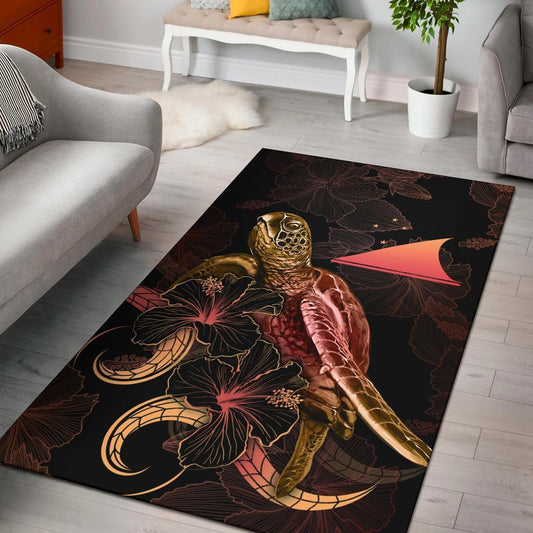 Tokelau Polynesian Area Rugs - Turtle With Blooming Hibiscus Gold