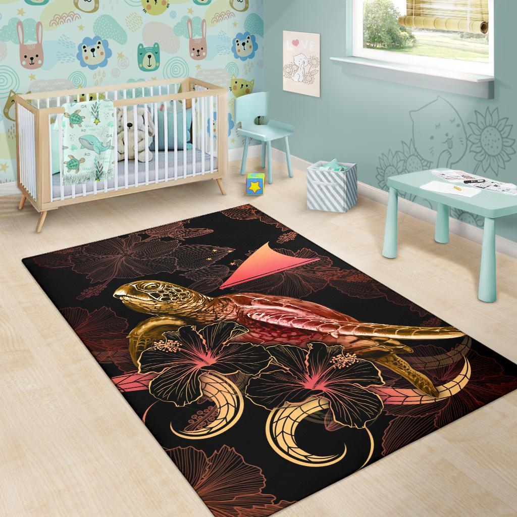 Tokelau Polynesian Area Rugs - Turtle With Blooming Hibiscus Gold