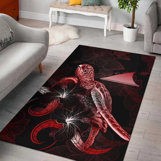 Tokelau Polynesian Area Rugs - Turtle With Blooming Hibiscus Red