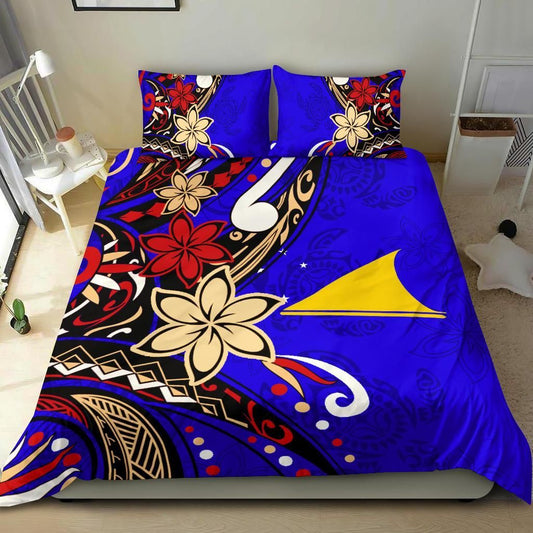 Tokelau Polynesian Bedding Set - Tribal Flower With Special Turtles Blue Color