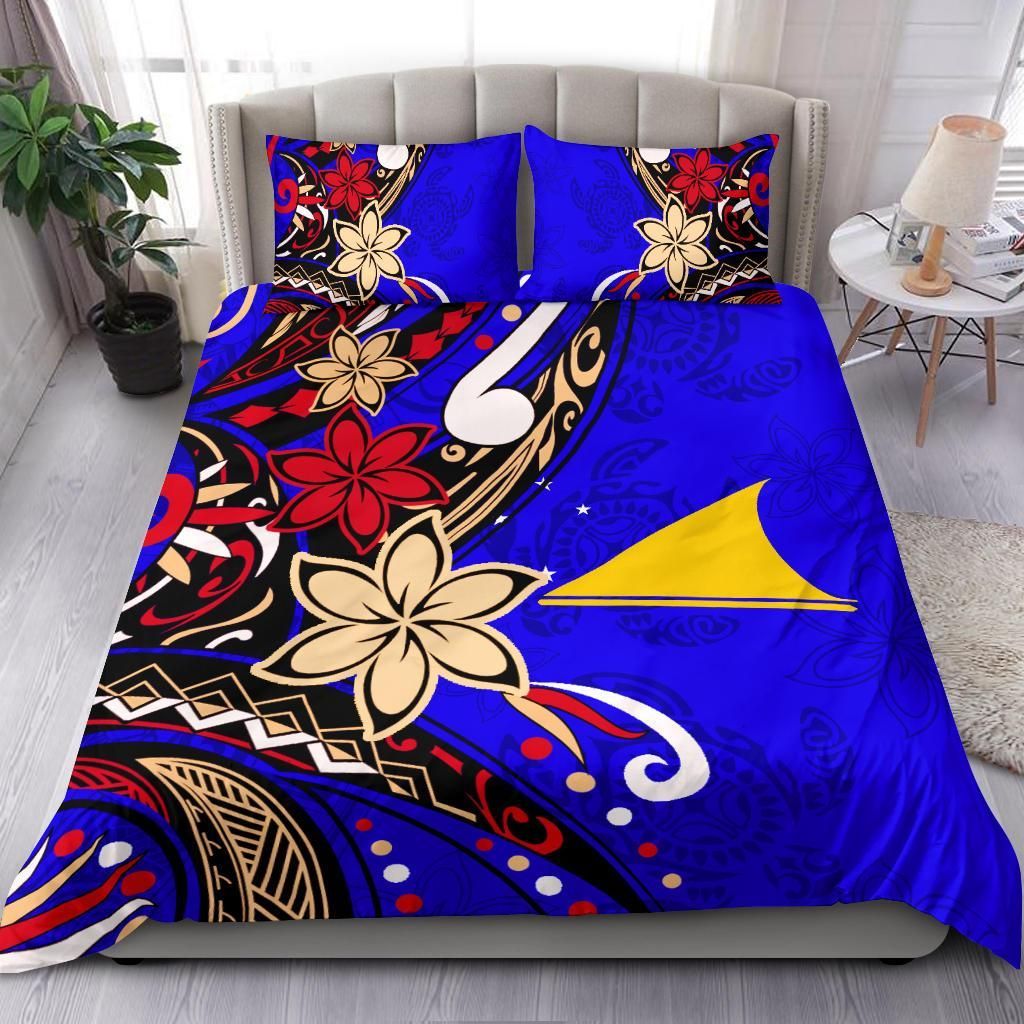 Tokelau Polynesian Bedding Set - Tribal Flower With Special Turtles Blue Color