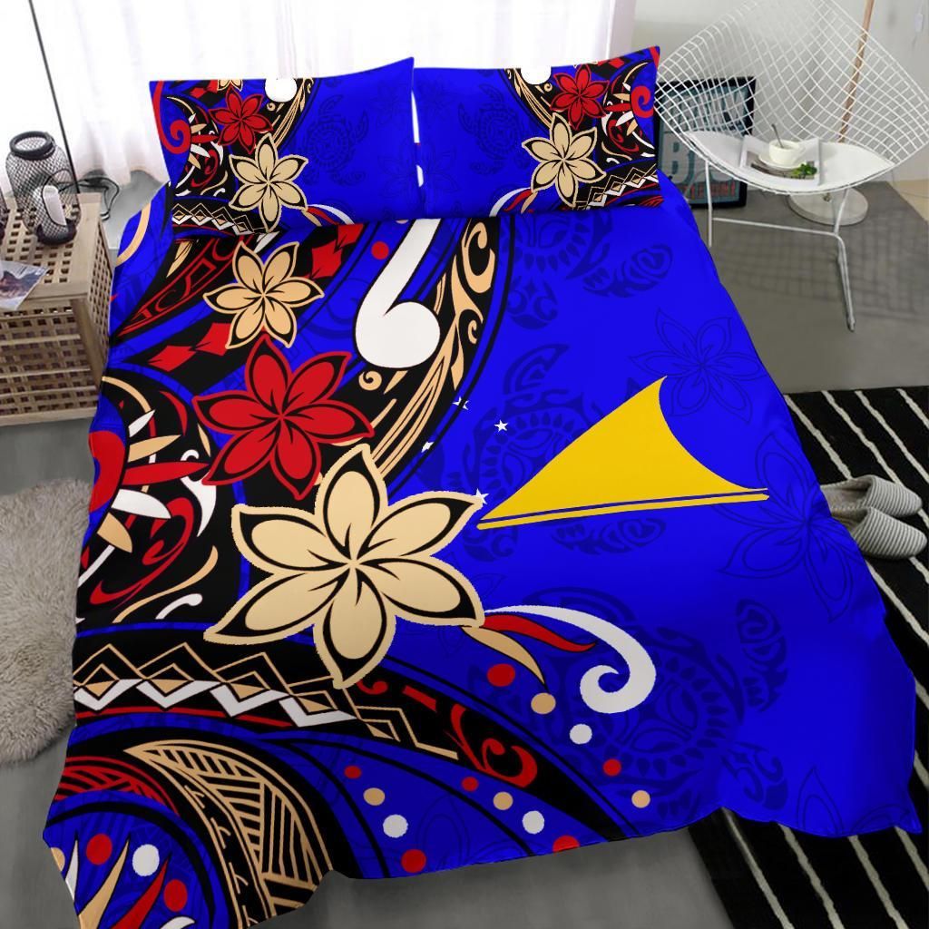 Tokelau Polynesian Bedding Set - Tribal Flower With Special Turtles Blue Color