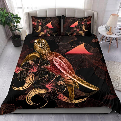Tokelau Polynesian Bedding Set - Turtle With Blooming Hibiscus Gold