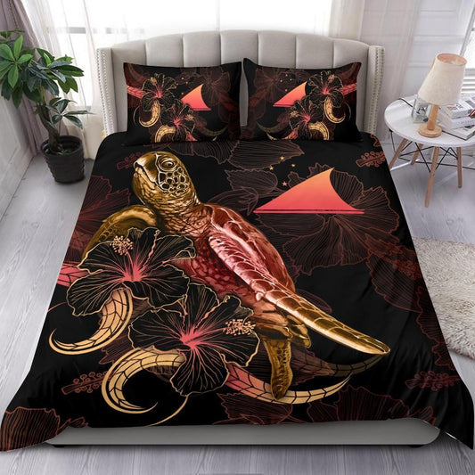 Tokelau Polynesian Bedding Set - Turtle With Blooming Hibiscus Gold