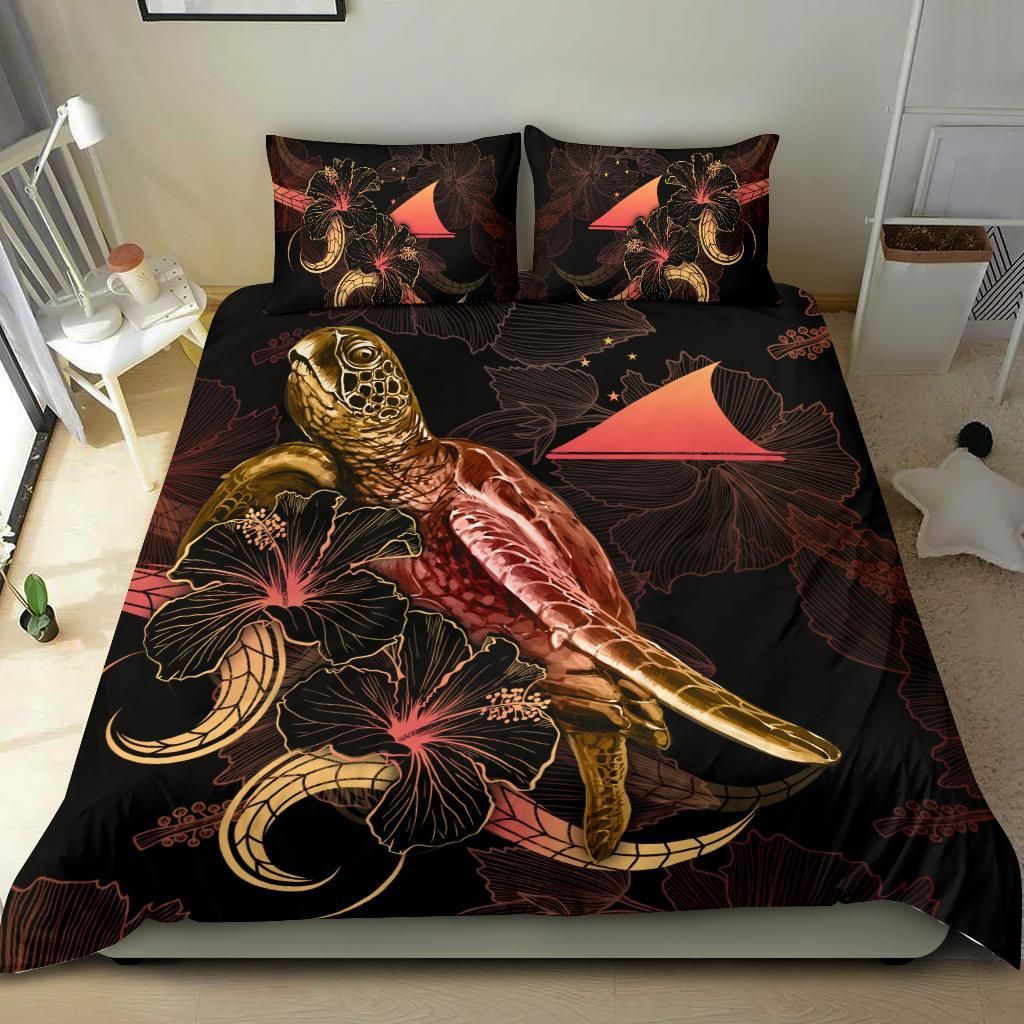 Tokelau Polynesian Bedding Set - Turtle With Blooming Hibiscus Gold