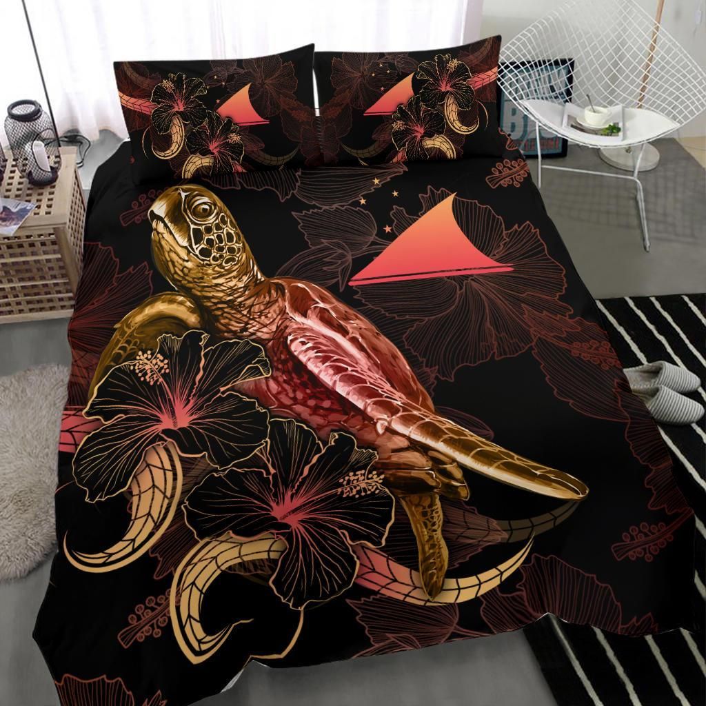 Tokelau Polynesian Bedding Set - Turtle With Blooming Hibiscus Gold