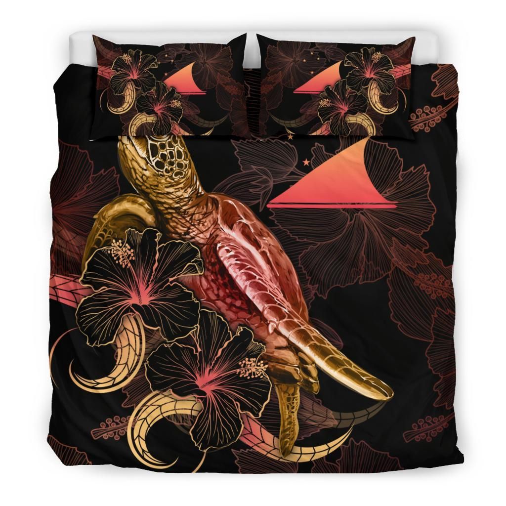 Tokelau Polynesian Bedding Set - Turtle With Blooming Hibiscus Gold