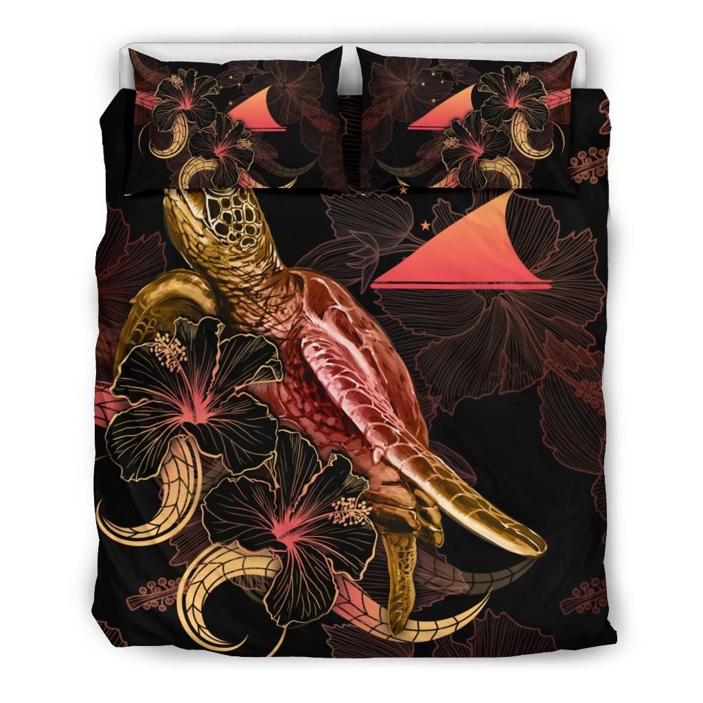 Tokelau Polynesian Bedding Set - Turtle With Blooming Hibiscus Gold