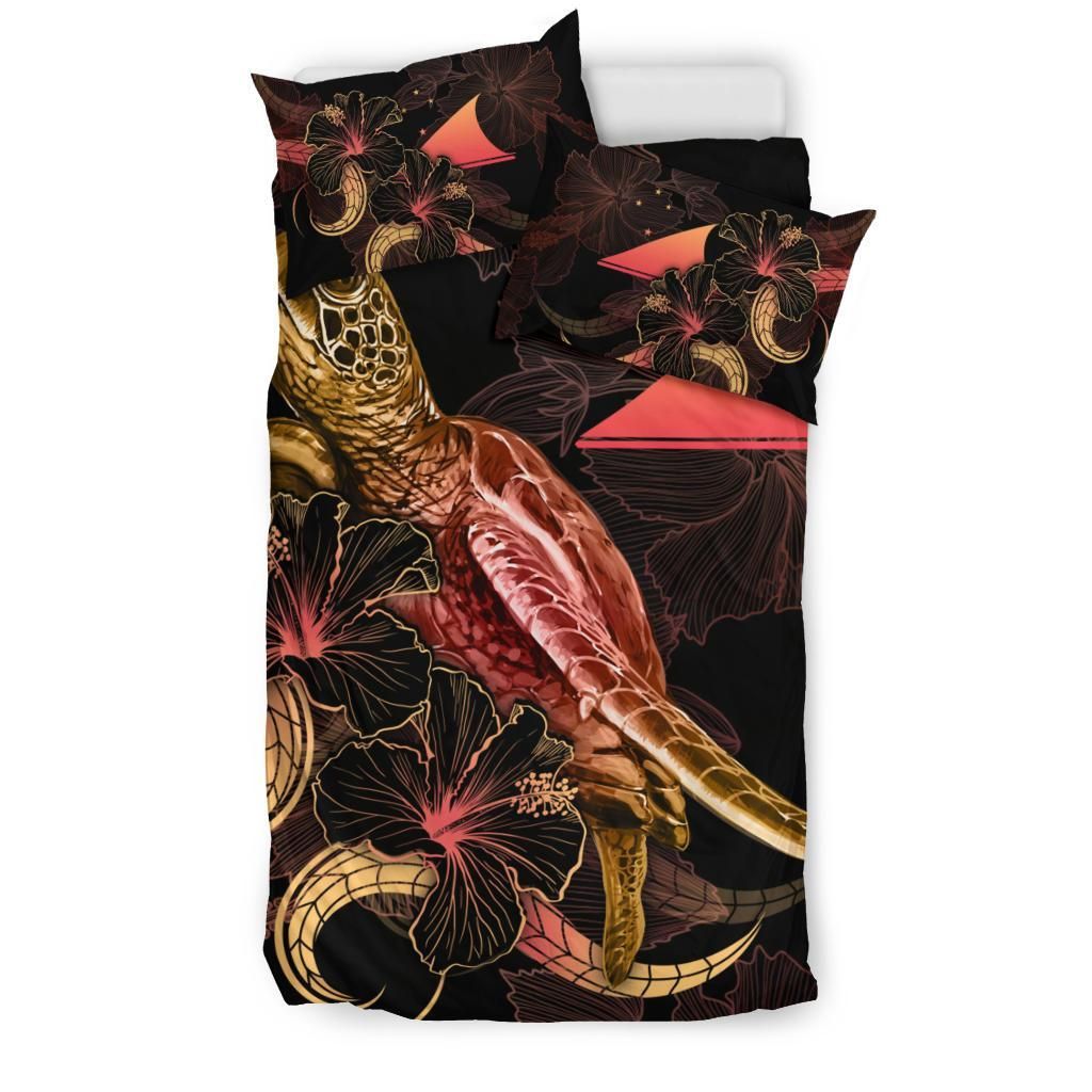 Tokelau Polynesian Bedding Set - Turtle With Blooming Hibiscus Gold