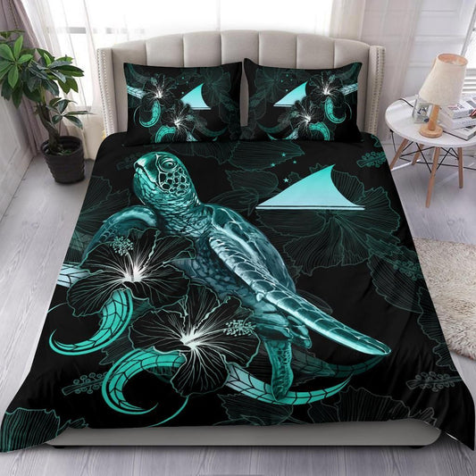 Tokelau Polynesian Bedding Set - Turtle With Blooming Hibiscus Turquoise