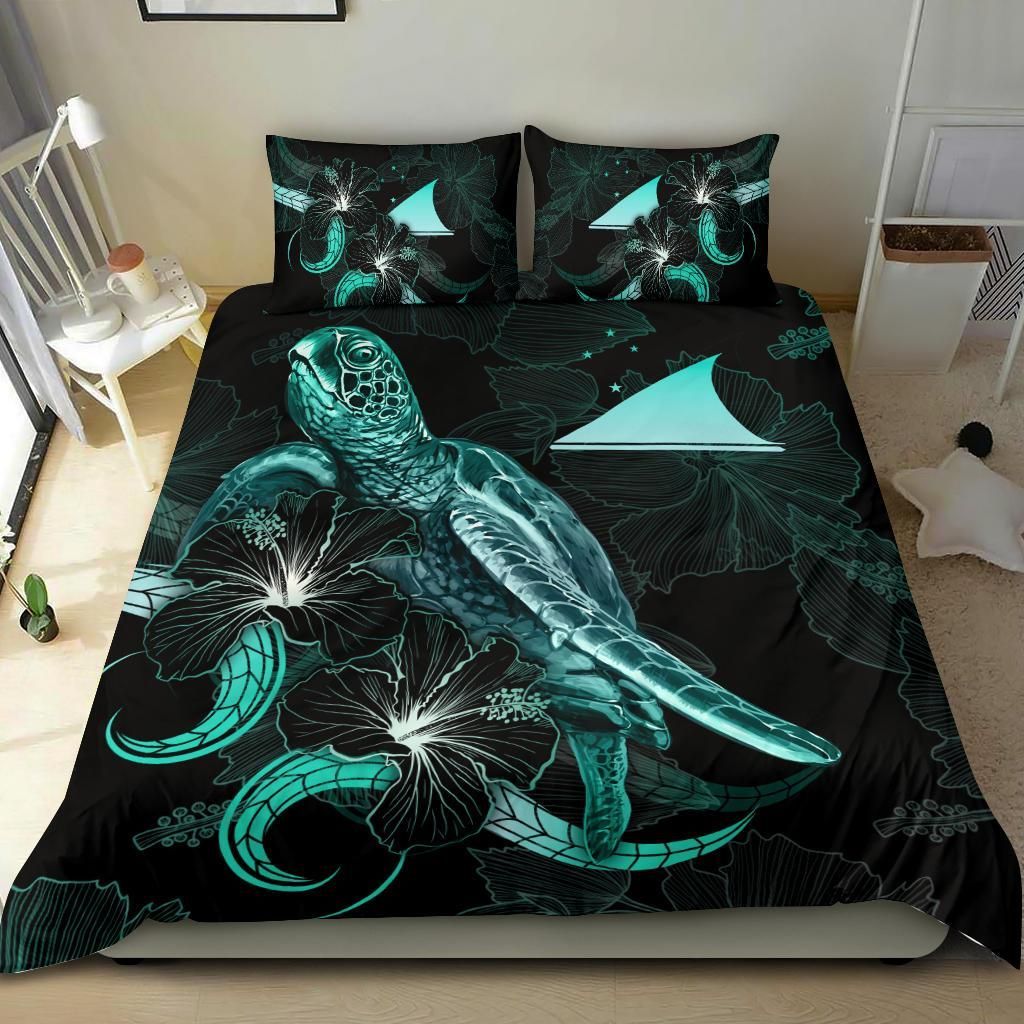 Tokelau Polynesian Bedding Set - Turtle With Blooming Hibiscus Turquoise