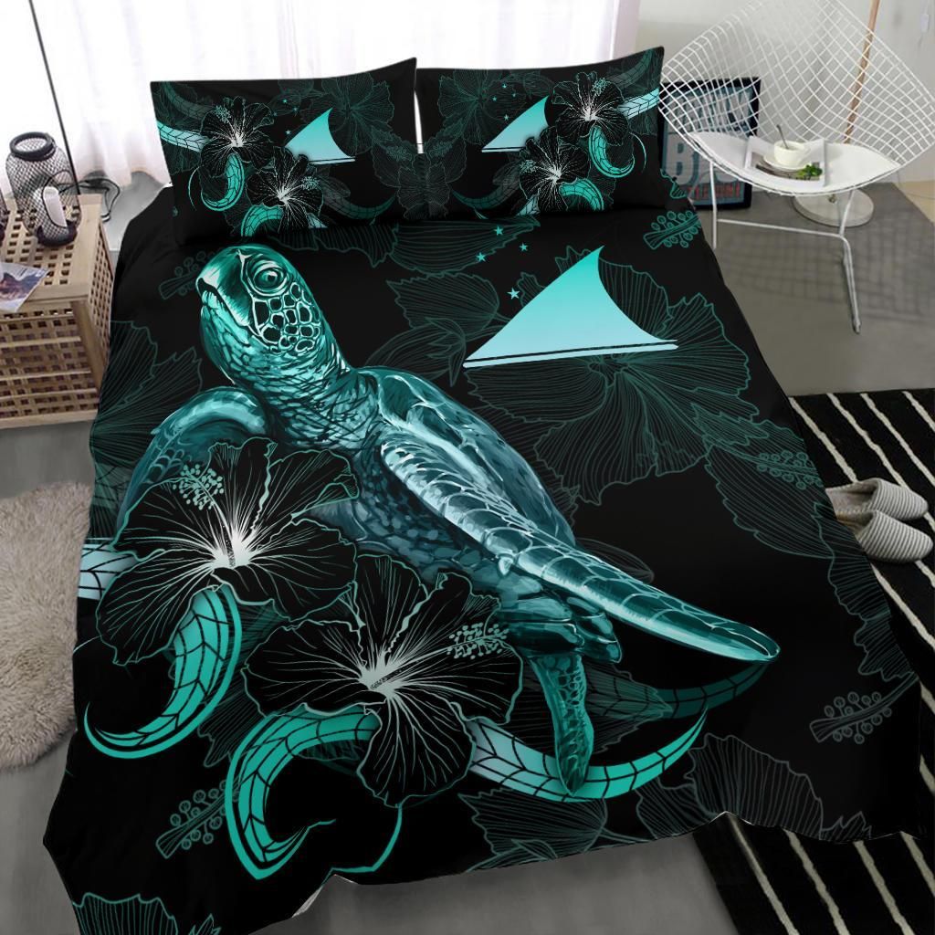Tokelau Polynesian Bedding Set - Turtle With Blooming Hibiscus Turquoise