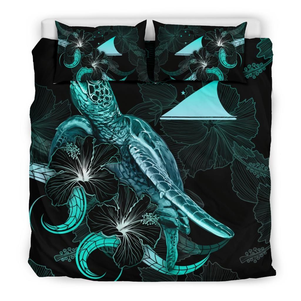 Tokelau Polynesian Bedding Set - Turtle With Blooming Hibiscus Turquoise