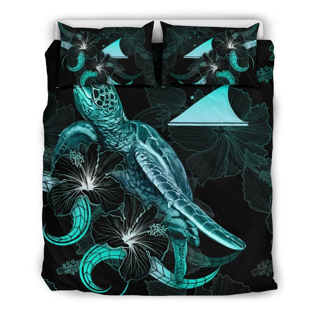 Tokelau Polynesian Bedding Set - Turtle With Blooming Hibiscus Turquoise