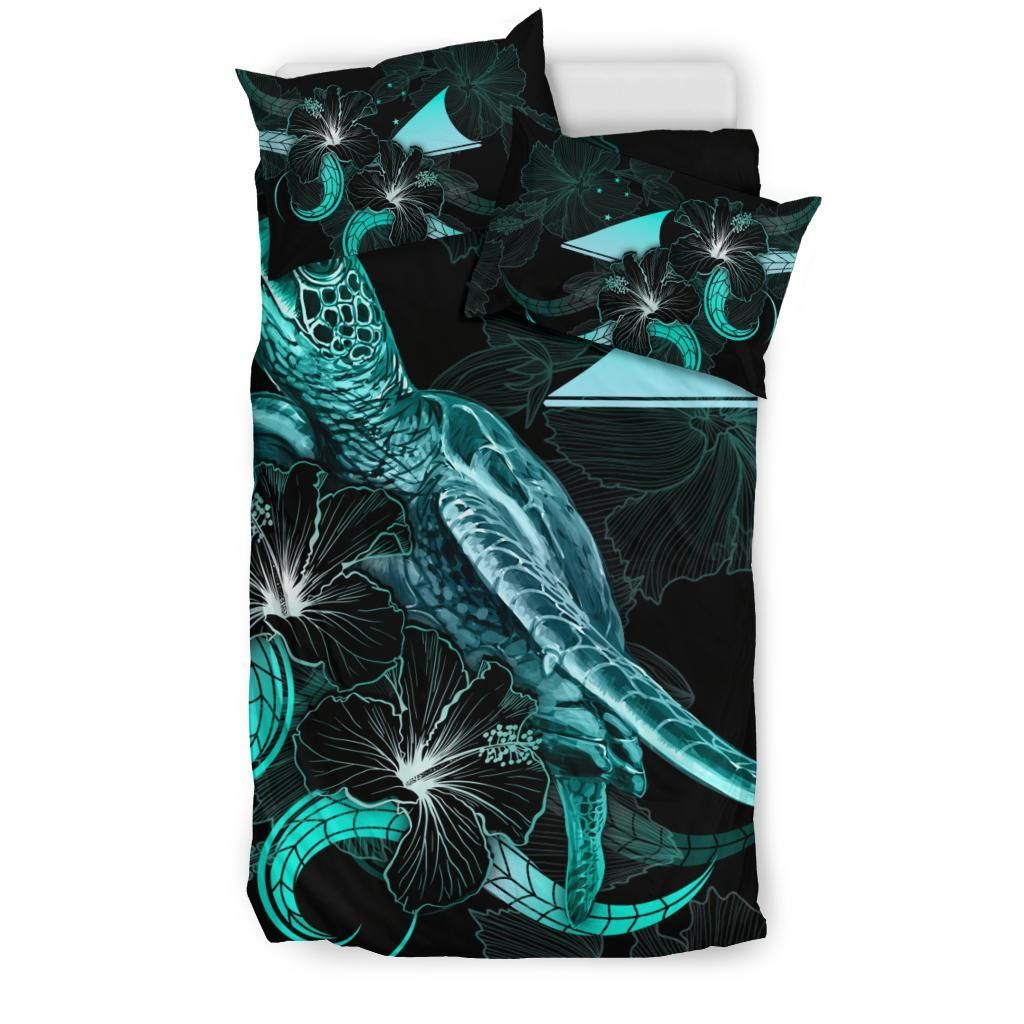 Tokelau Polynesian Bedding Set - Turtle With Blooming Hibiscus Turquoise
