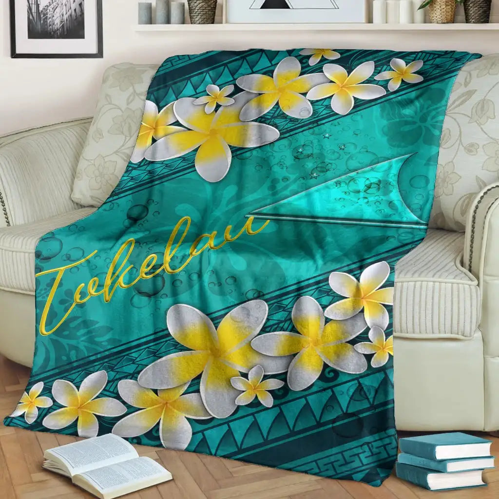 Tokelau Polynesian Blanket - Plumeria With Blue Ocean