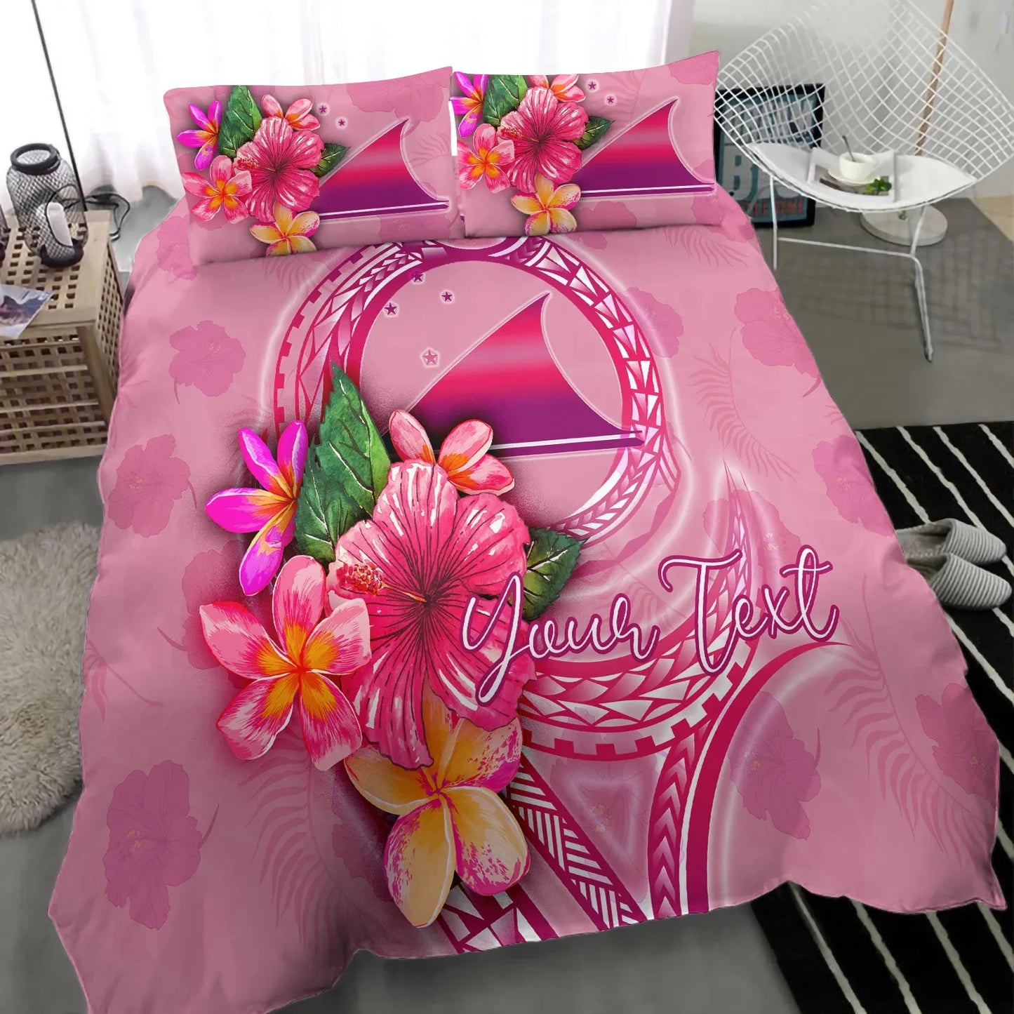 Tokelau Polynesian Custom Personalised Bedding Set - Floral With Seal Pink