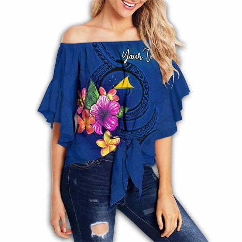 Tokelau Polynesian Custom Personalized Off Shoulder Wrap Waist Top - Floral With Seal Blue