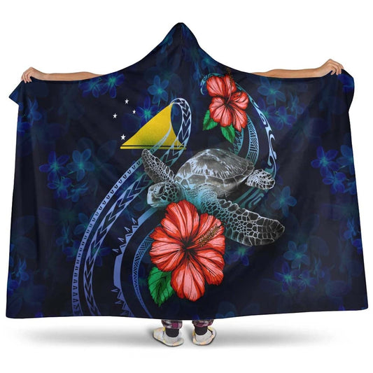 Tokelau Polynesian Hooded Blanket - Blue Turtle Hibiscus