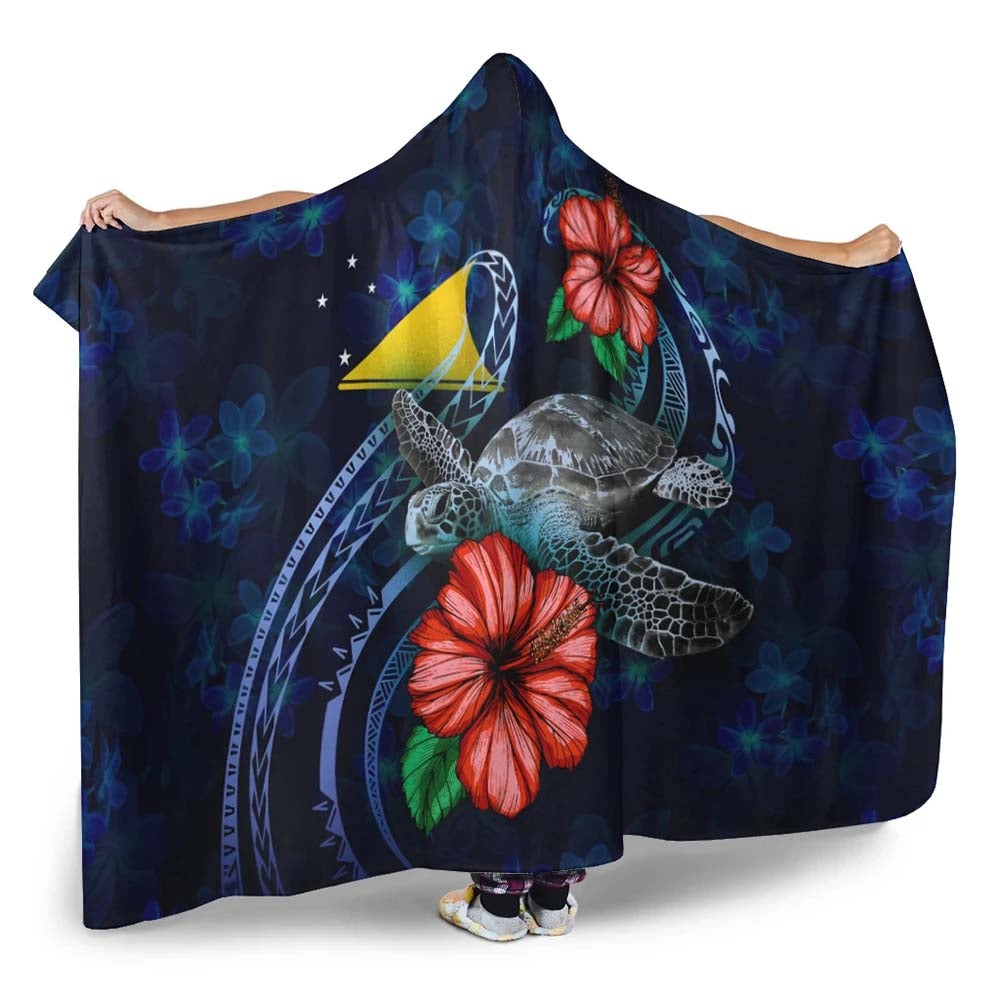 Tokelau Polynesian Hooded Blanket - Blue Turtle Hibiscus