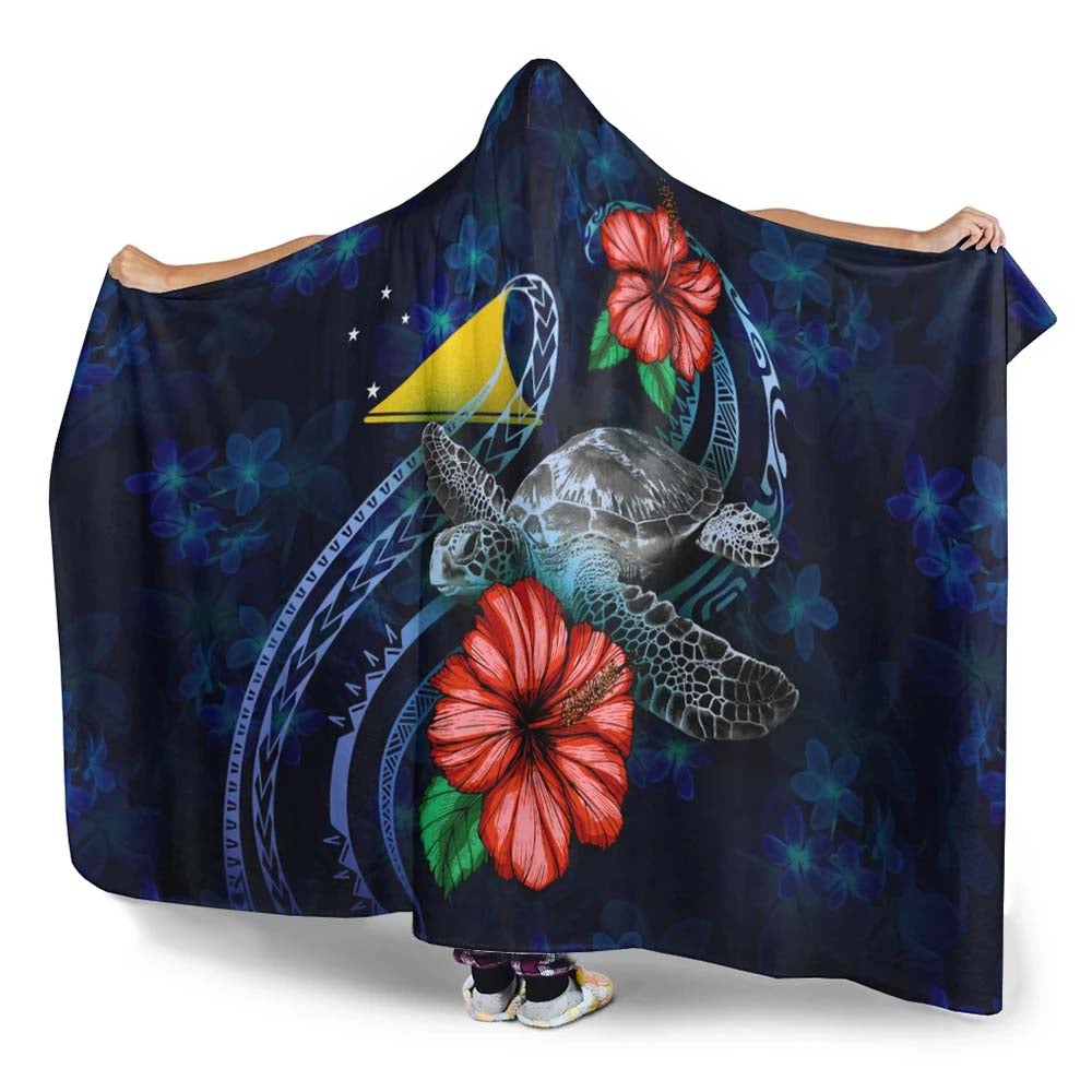Tokelau Polynesian Hooded Blanket - Blue Turtle Hibiscus