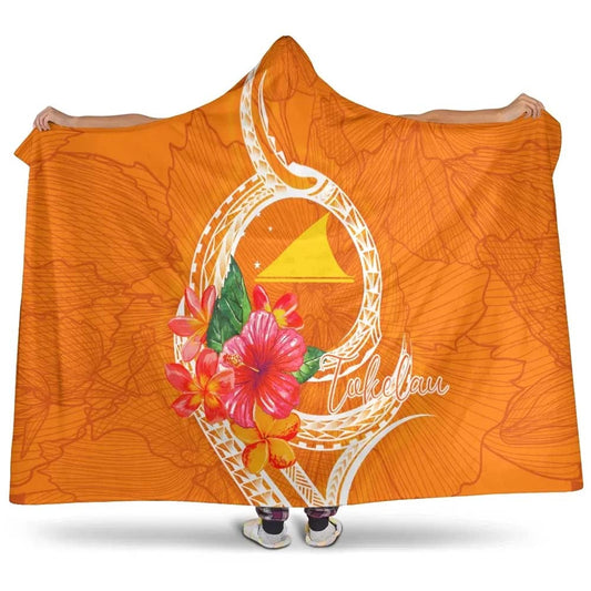 Tokelau Polynesian Hooded Blanket - Orange Floral With Seal