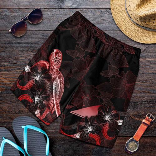 Tokelau Polynesian Men Shorts - Turtle With Blooming Hibiscus Red