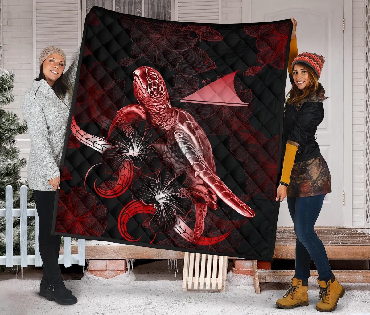Tokelau Polynesian Premium Quilt - Turtle With Blooming Hibiscus Red