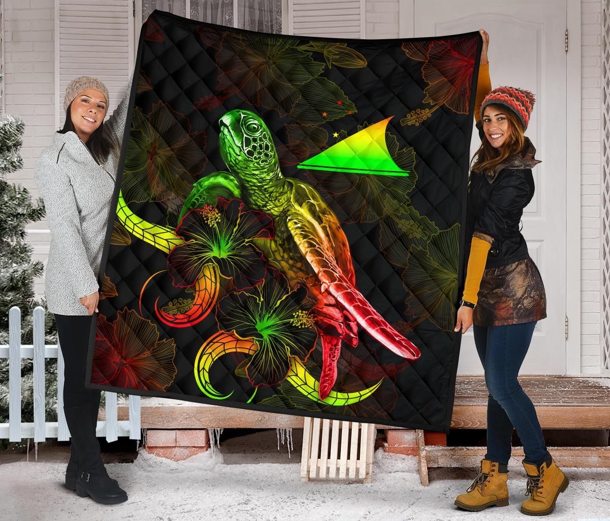 Tokelau Polynesian Premium Quilt - Turtle With Blooming Hibiscus Reggae