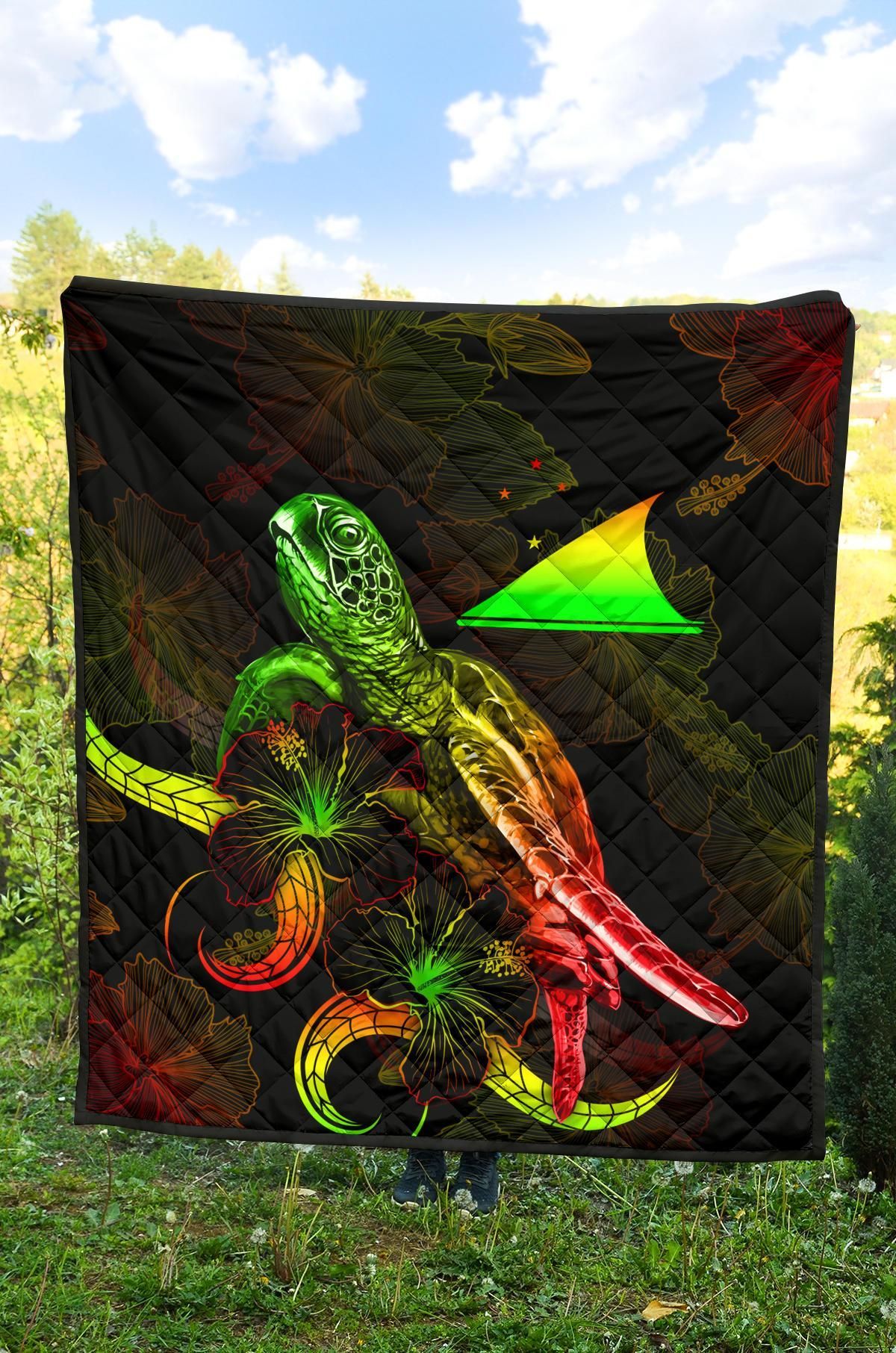 Tokelau Polynesian Premium Quilt - Turtle With Blooming Hibiscus Reggae