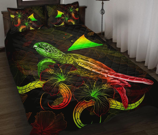 Tokelau Polynesian Quilt Bed Set - Turtle With Blooming Hibiscus Reggae