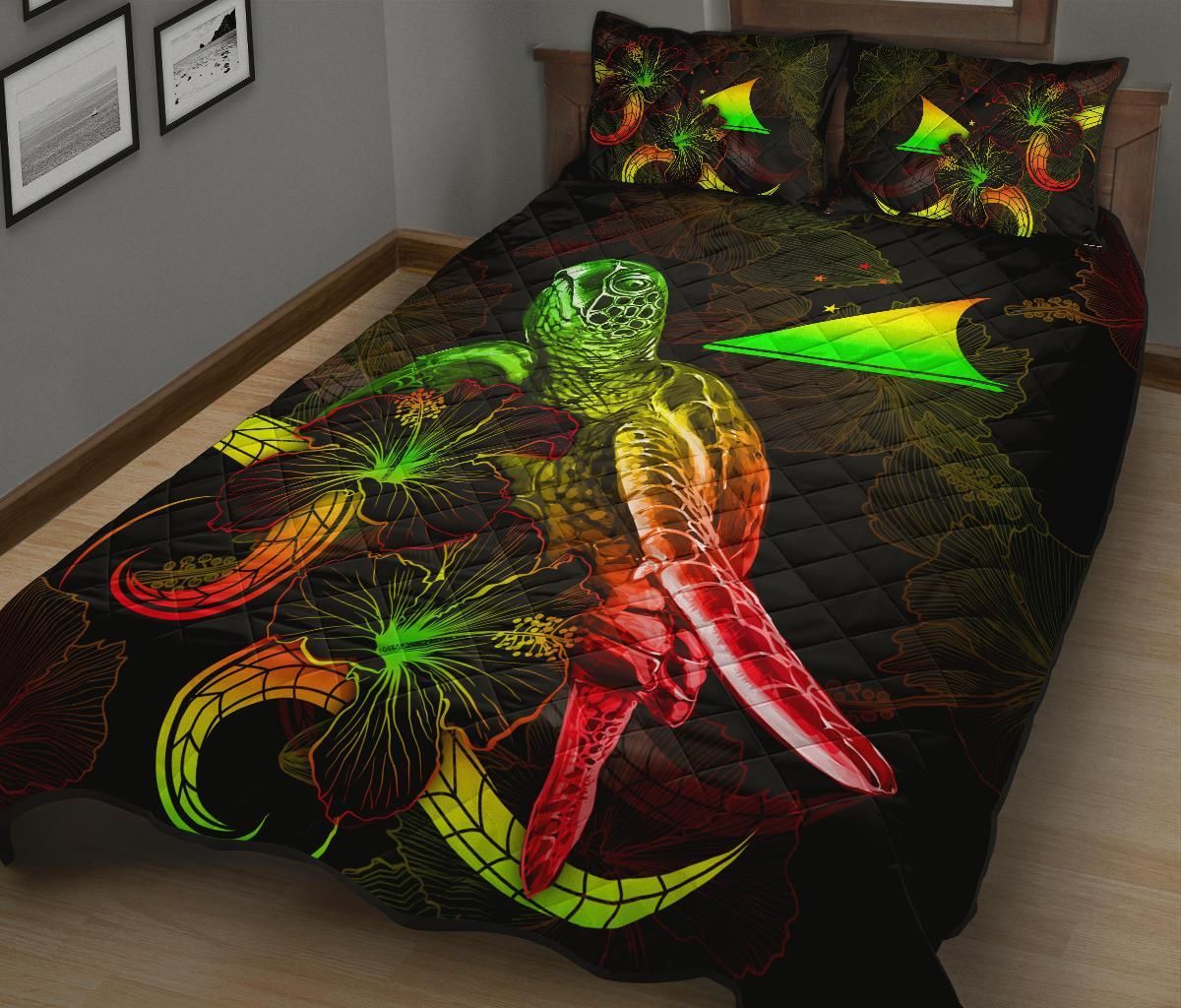Tokelau Polynesian Quilt Bed Set - Turtle With Blooming Hibiscus Reggae