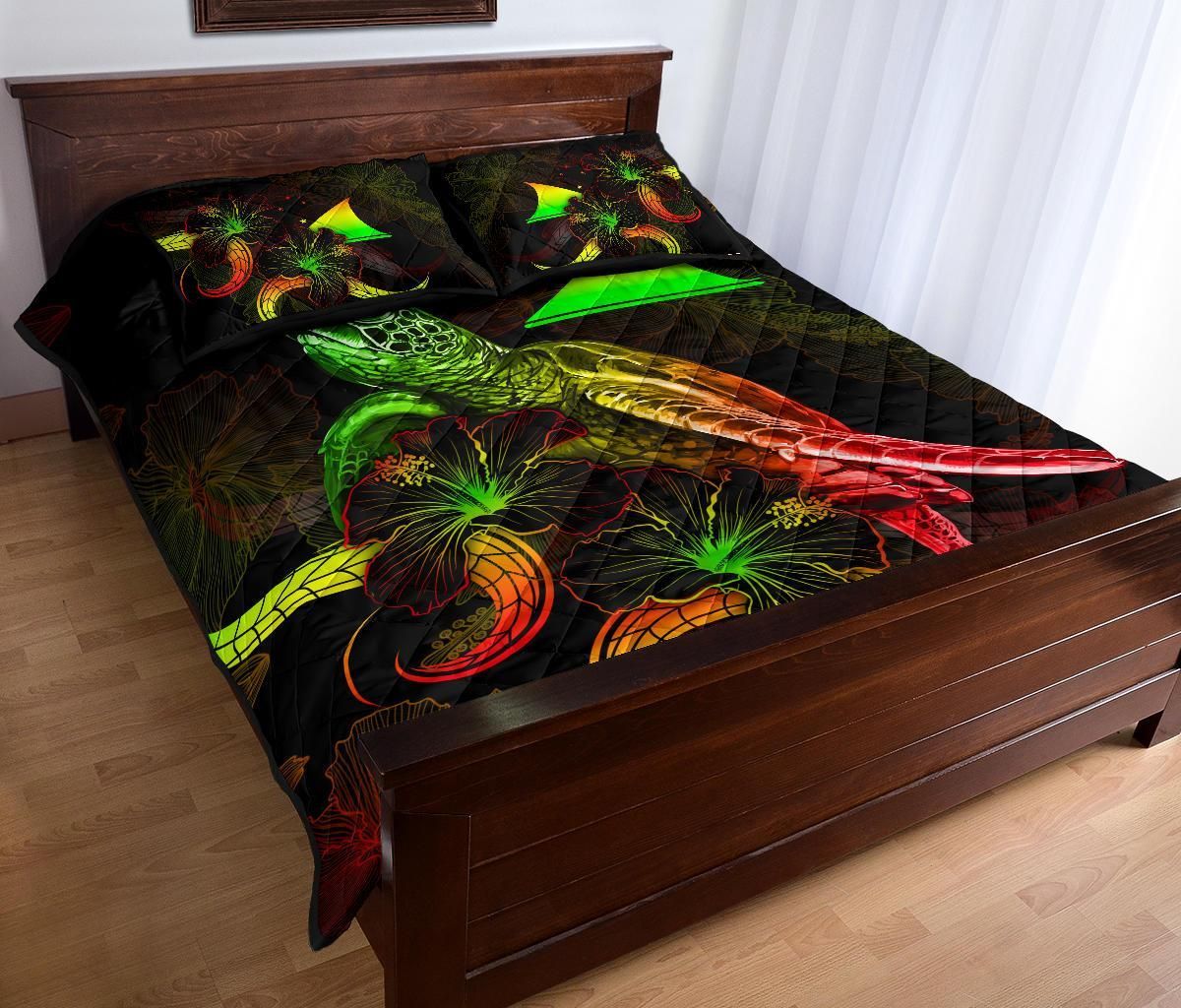 Tokelau Polynesian Quilt Bed Set - Turtle With Blooming Hibiscus Reggae