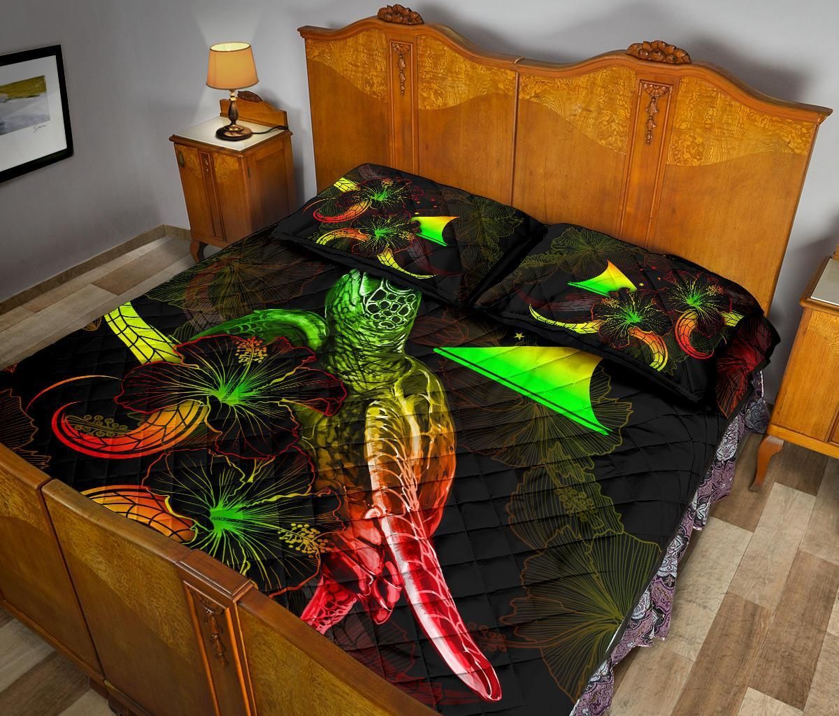 Tokelau Polynesian Quilt Bed Set - Turtle With Blooming Hibiscus Reggae