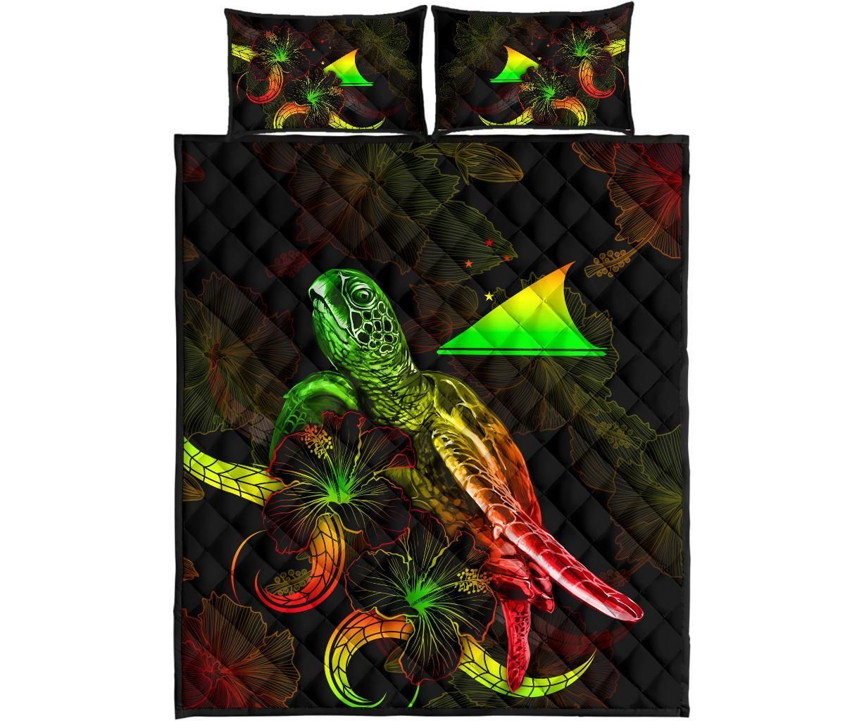 Tokelau Polynesian Quilt Bed Set - Turtle With Blooming Hibiscus Reggae