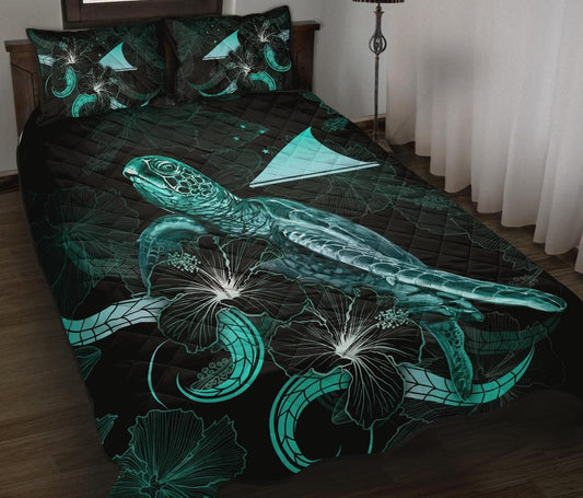 Tokelau Polynesian Quilt Bed Set - Turtle With Blooming Hibiscus Turquoise