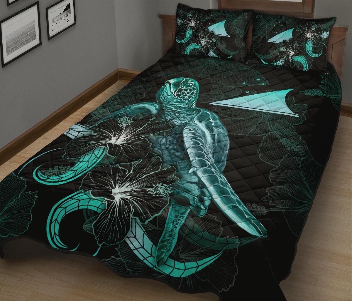 Tokelau Polynesian Quilt Bed Set - Turtle With Blooming Hibiscus Turquoise