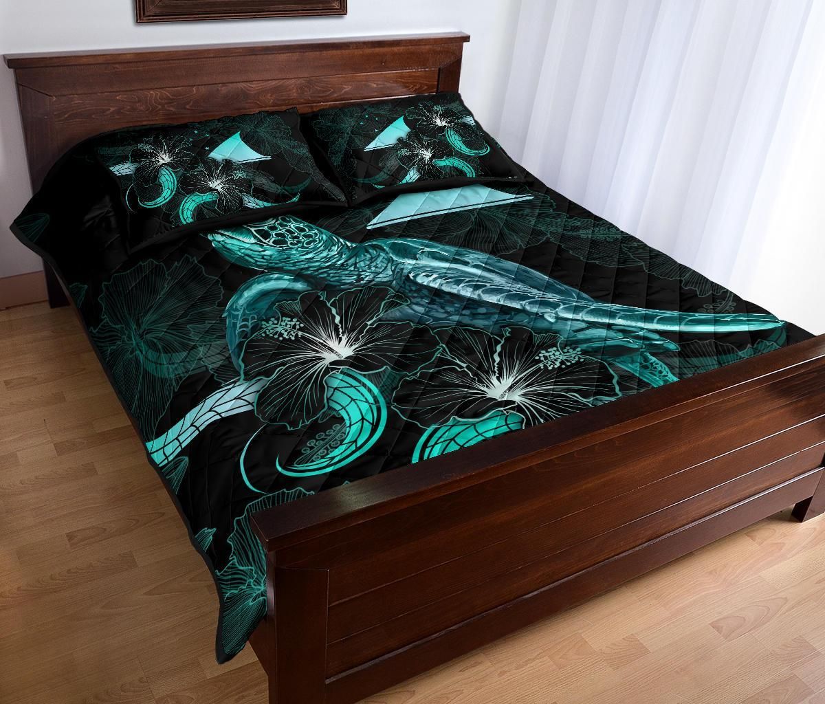 Tokelau Polynesian Quilt Bed Set - Turtle With Blooming Hibiscus Turquoise