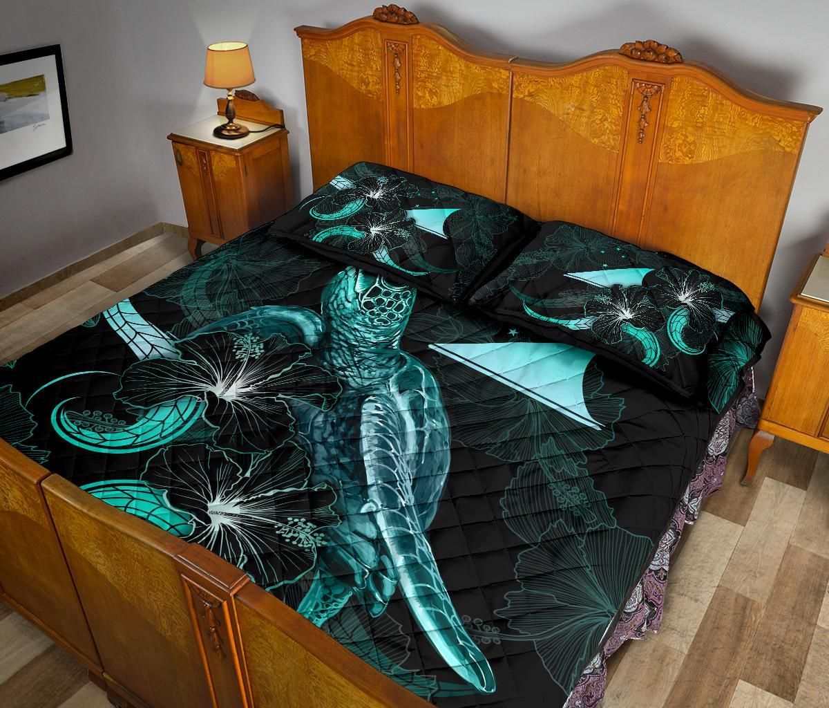 Tokelau Polynesian Quilt Bed Set - Turtle With Blooming Hibiscus Turquoise
