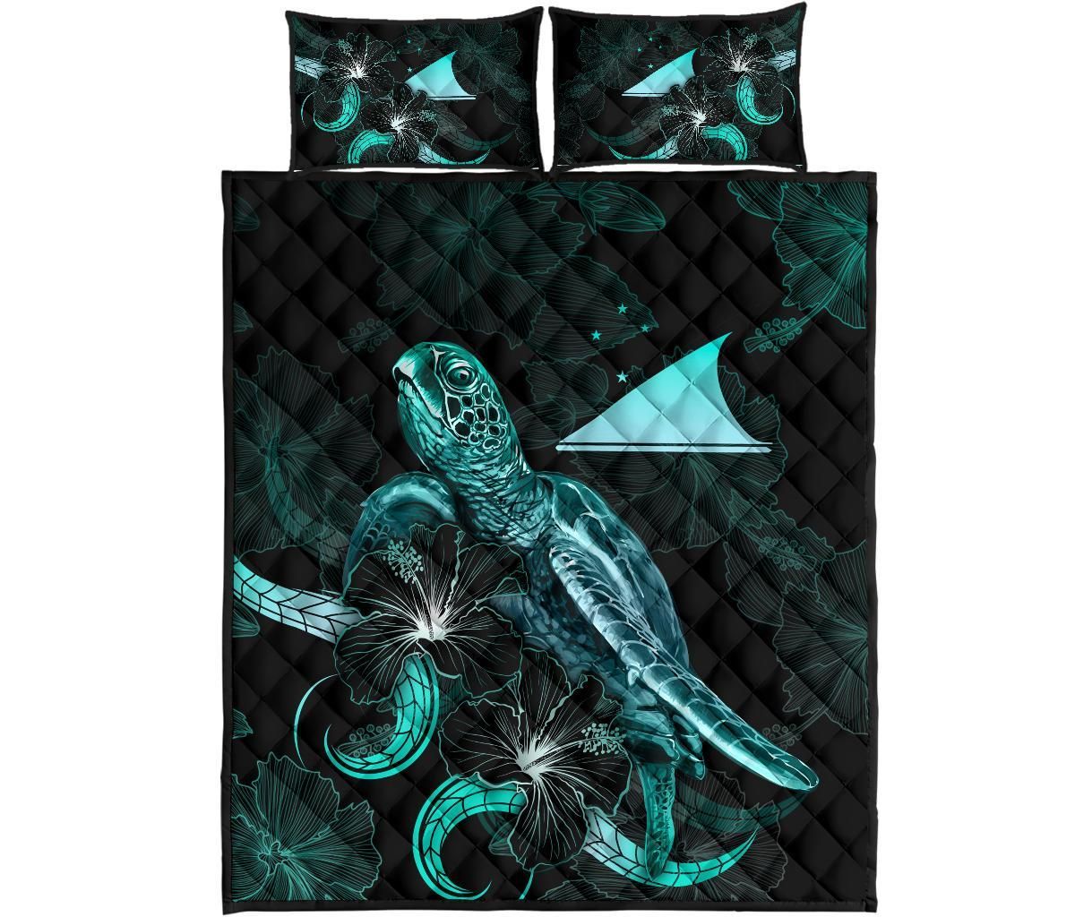 Tokelau Polynesian Quilt Bed Set - Turtle With Blooming Hibiscus Turquoise