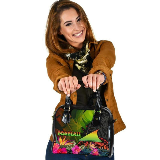 Tokelau Polynesian Shoulder Handbag - Hibiscus And Banana Leaves