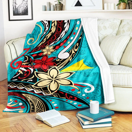 Tokelau Premium Blanket - Tribal Flower With Special Turtles Blue Color