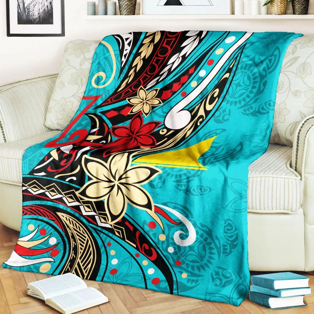 Tokelau Premium Blanket - Tribal Flower With Special Turtles Blue Color